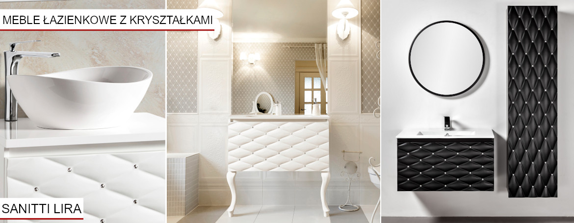 Pikowane szafki białe i czarne do łazienki z kryształkami Sanitti Lira