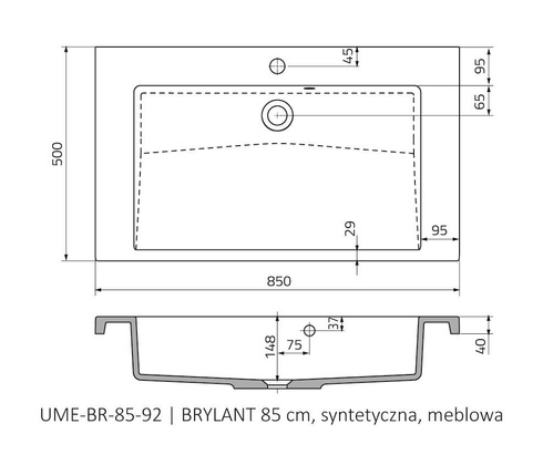 Umywalka Oristo Brylant 85 cm UME-BR-85-92 biała połysk