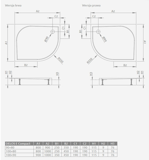 Brodzik półokrągły Radaway Delos E Compact 100x80 prawy SDE1080-05R