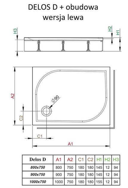 Brodzik prostokątny Radaway Delos D z obudową 90x75 lewy 4D97514-03L