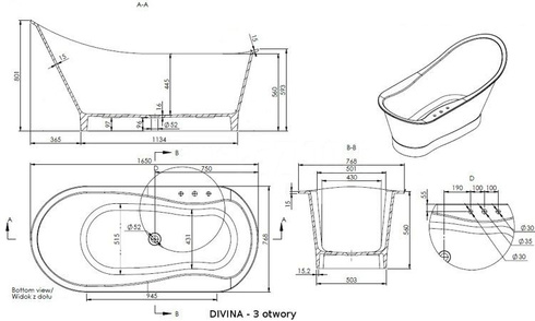 Wanna wolnostojąca 3 otwory na baterie Divina 1650 Biała połysk