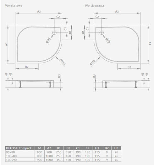 Brodzik półokrągły Radaway Delos E Compact 100x90 prawy SDE1090-05R